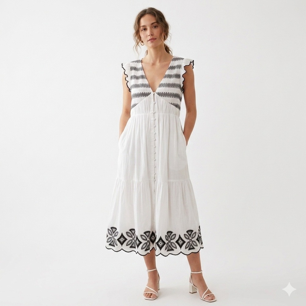 Anthropologie Peregrine Midi Women XL Dress Embroidered Smocked Cottage Timeless